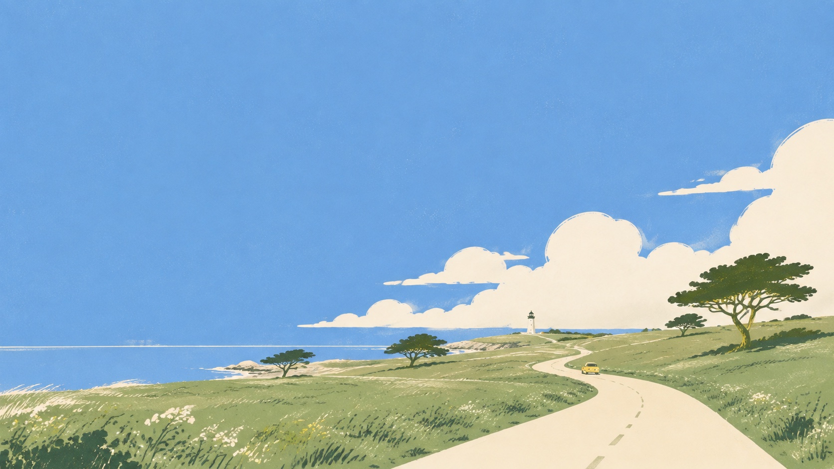 A quiet coastal road crossing open green fields toward a distant lighthouse