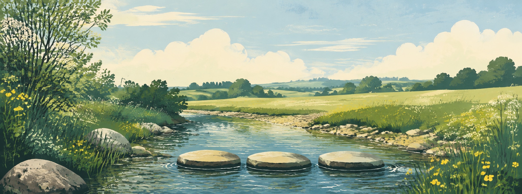 A serene stone path leading across open fields toward focus